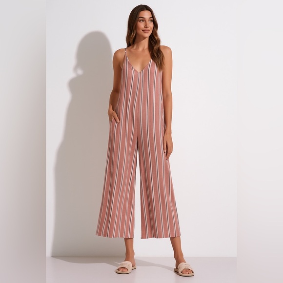 100% Lin Blanc Linen Striped Sleeveless Wide-Leg Palazzo Jumpsuit 36/US6 - Picture 1 of 8
